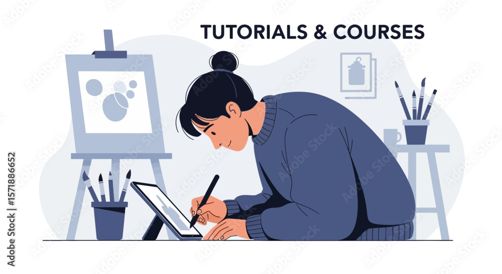 Poster digital art creation process using tablet in studio for online training