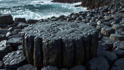 Close up of hexagonal basalt columns on a rocky shore with ocean waves in the background