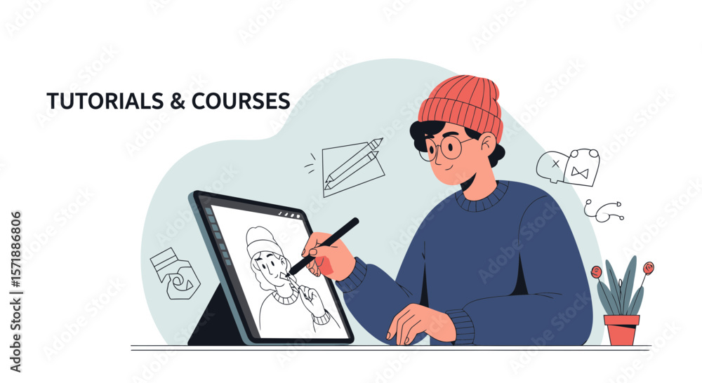 Poster digital artist creating artwork and following online tutorials and courses