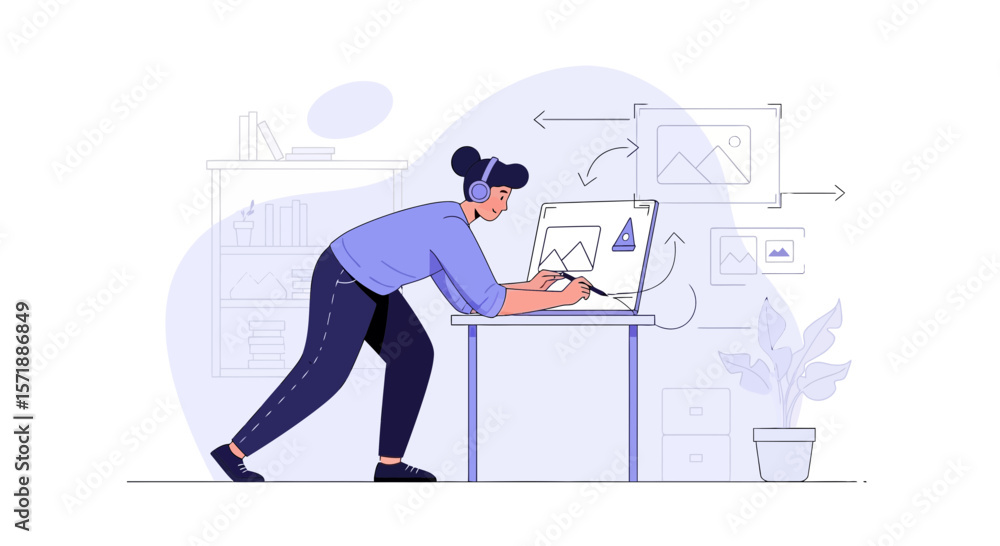 Poster digital artist creating graphics on computer at home or in a workspace