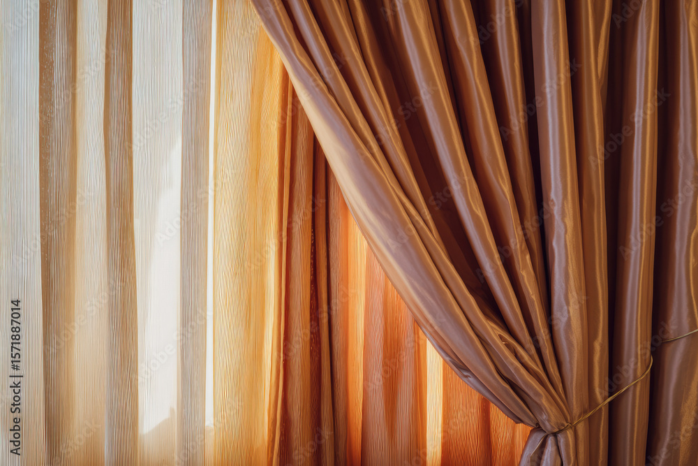 Poster soft sunlight filters through faded curtains in unused room, creating delicate and tranquil atmosphe