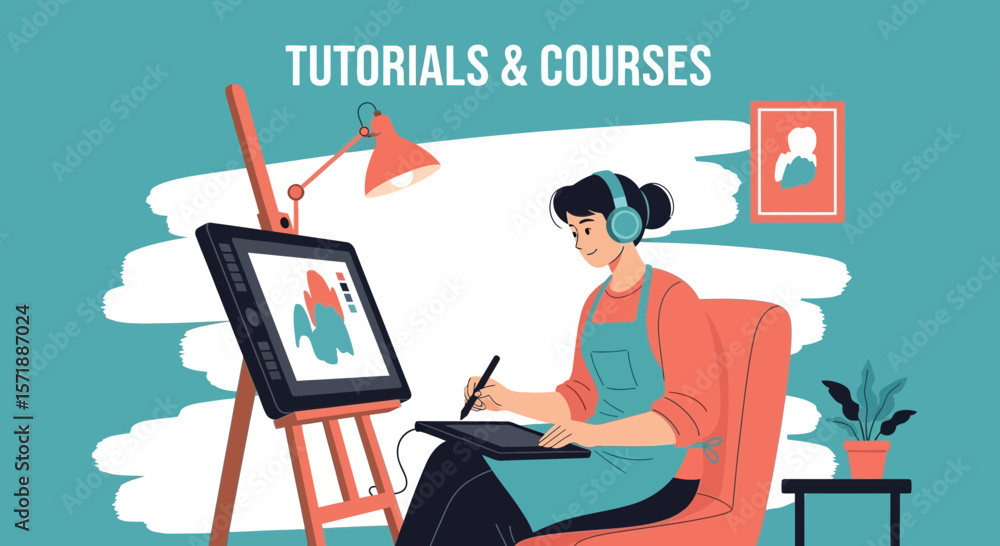 Poster digital artist making online tutorials with graphic tablet and design software