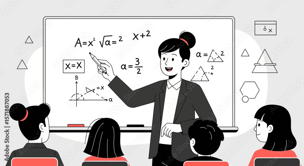 Poster enthusiastic teacher explaining mathematical formulas to students in the classroom
