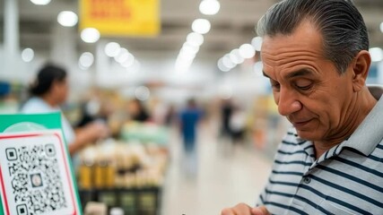 Senior Latin American man using QR code with phone at supermarket - Powered by Adobe