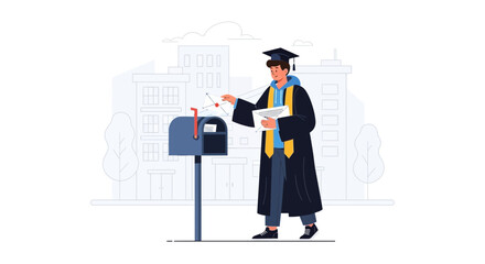 Graduate Sending Applications In Mailbox After University With Buildings Background