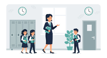 Enthusiastic Teacher Welcoming Students Back To School In Bright School Hallway