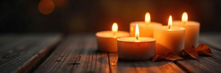 Close-up of several flickering candles casting a warm, inviting glow on a dark wooden surface Perfect for relaxation, spa, or autumn themes , night, table