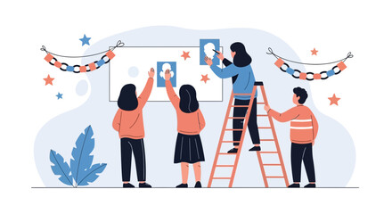 Enthusiastic Team Prepares For A Festive Celebration With Decorations And Artwork