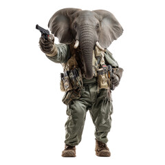 Elephant Man In Military Uniform Holding A Pistol Front View Transparent Background