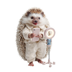A hedgehog dressed in a cream knit outfit holds a pink smartphone near a ring light