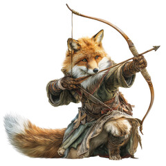 Anthropomorphic fox archer in traditional attire aiming a bow and arrow
