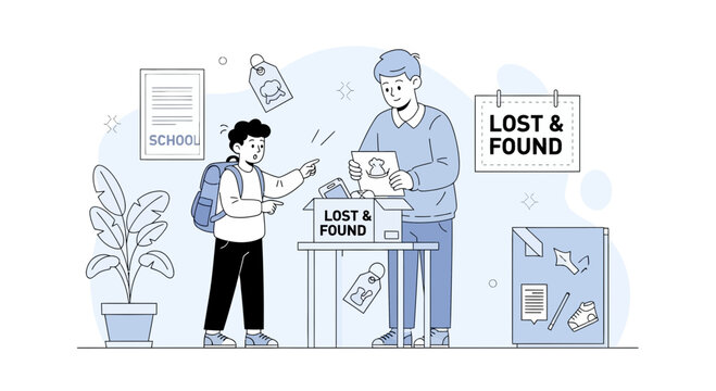 Boy Reporting Lost Item To Attendant At School Lost And Found Department