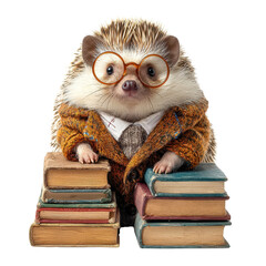 Anthropomorphic hedgehog wearing glasses and a sweater jacket sits amongst stacks of vintage books