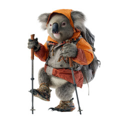 A Koala Dressed In Hiking Gear Wearing A Backpack And Holding Trekking Poles Posing Against A Transparent Background