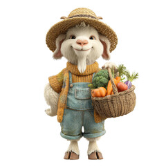 A happy cartoon goat farmer wearing a straw hat and overalls holds a basket of fresh vegetables