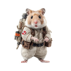 A small hamster dressed in a ghostbuster uniform with a proton pack animal