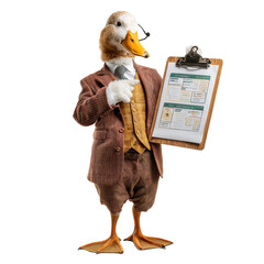 Anthropomorphic duck in tweed suit and glasses holds a clipboard with charts