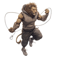 Anthropomorphic lion character in athletic wear skipping rope dynamic pose