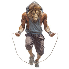 Muscular anthropomorphic lion with mane jumping rope wearing a hooded vest and athletic shorts