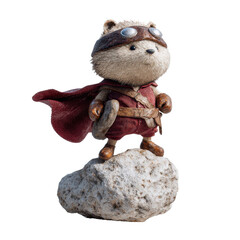 A stylized hedgehog character wearing a red cape goggles and holding a shield standing on a rock