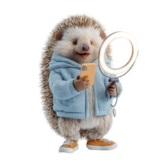 A smiling hedgehog in a blue hoodie holds a smartphone and a ring light