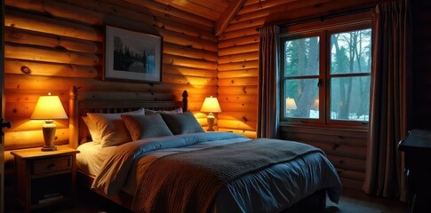 Cozy cabin interior illuminated by warm, inviting lamps and strategically placed lighting, creating a relaxing atmosphere perfect for a restful night's sleep , inviting, sleep, serenity