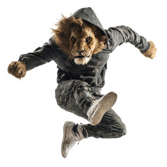 A person with a lion's head wearing a hooded sweatshirt and camouflage pants jumps dynamically