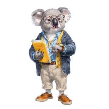 Anthropomorphic koala in glasses and business attire holding a yellow notebook and checking wristwatch