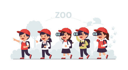 Excited Youngsters On A Field Trip To The Zoo, Using Binoculars For Observing Wildlife