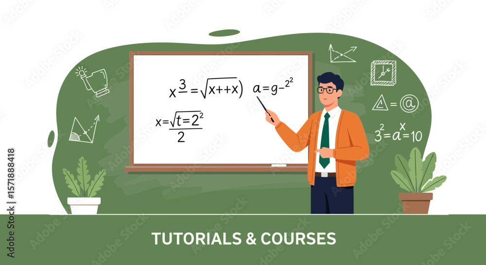 Poster experienced teacher explaining mathematical concepts on blackboard in classroom setting