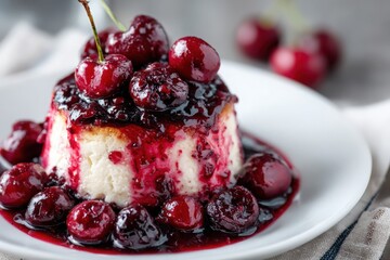 A delectable dessert featuring a creamy base topped with a rich cherry sauce and plump cherries. The dish is elegantly presented on a white plate, creating an inviting look perfect for any occasion.