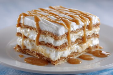 Layers of sweet cream and crispy wafers create a tempting dessert, topped with a rich caramel sauce. This treat looks indulgent and perfect for celebrations or casual gatherings.