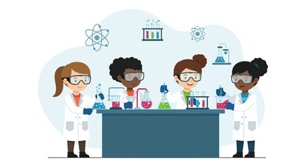 Diverse Students Conduct Science Experiment Cartoon Vector Illustration