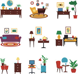  Set of Furniture and Interior Scenes. Living Room and Workspace Flat Design.

