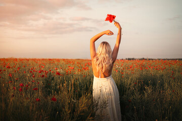 young beautiful blonde woman in white dress in poppy field at sunset. Woman and nature