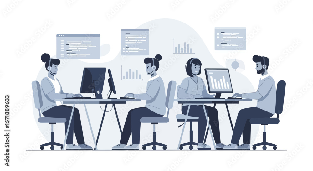 Poster diverse team collaborating on project development in a modern office environment