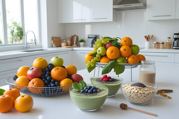 Healthy breakfast with fresh fruits yogurt and grains in modern white kitchen nutritious morning setup

