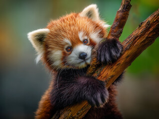 Obraz premium Adorable red panda cub hugging a tree branch