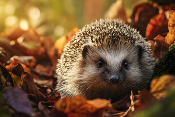 erizo peeking from autumn leaves with soft sunlight in forest setting