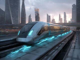 Futuristic high speed maglev train moving through modern city during sunset