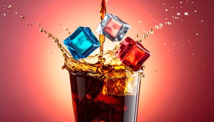 Colorful ice cubes splash into cola drink