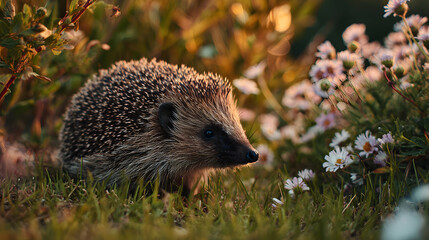 Erizo exploring flowers and grass in colorful garden meadow setting