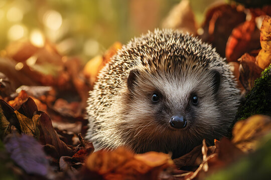 erizo peeking from autumn leaves with soft sunlight in forest setting