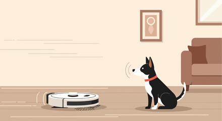 Dog Staring At Robot Vacuum Cleaner Working In The Living Room At Home