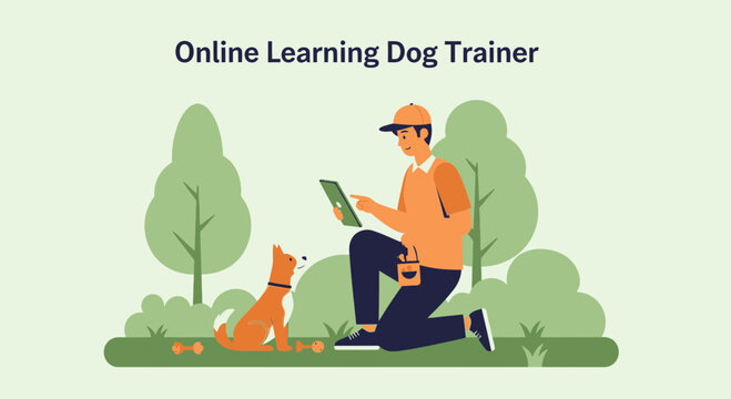 Dog Trainer Using Digital Tablet For Online Lesson And Training In The Park