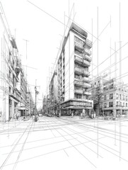Detailed architectural sketch depicts a vibrant city street lined with contemporary buildings. People walk along sidewalks, while geometric lines emphasize a dynamic urban environment.