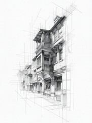 Fototapeta premium This artwork features a detailed architectural sketch showcasing a building with intricate designs and structural elements. The perspective emphasizes depth and the play of lines in its composition.