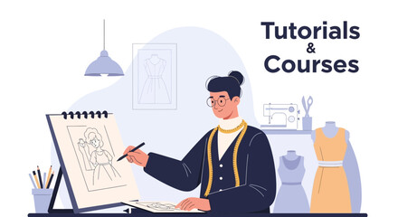 Fashion Designer Creating Dress Sketches For Online Tutorials And Courses