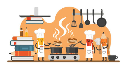 Cartoon Culinary Academy: A Whimsical Scene of Pencils Cooking up Delicious Learning