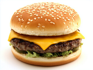 Delicious cheeseburger with lettuce and sesame bun on white background
